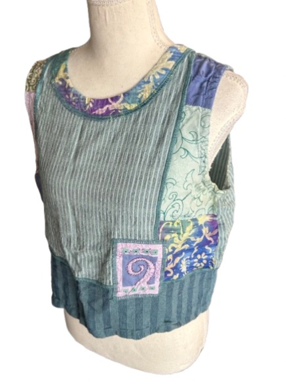 Vintage Patchwork Beaded FAITH BY CELIA FORRESTER Top Shirt Tank Floral Boho LG